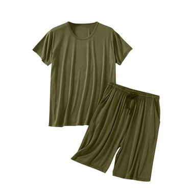 Oplxuo Men's Modal Pajamas Set Loose Crew Neck Sleepwear Comfy Drawstring Shorts Short Sleeve Summer 2 Piece Loungewear