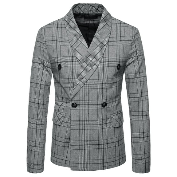 Oplxuo Men's Plaid Double-Breasted Business Blazers, Slim Fit Formal Tuxedo Suit Jackets for Dinner Prom Weeding