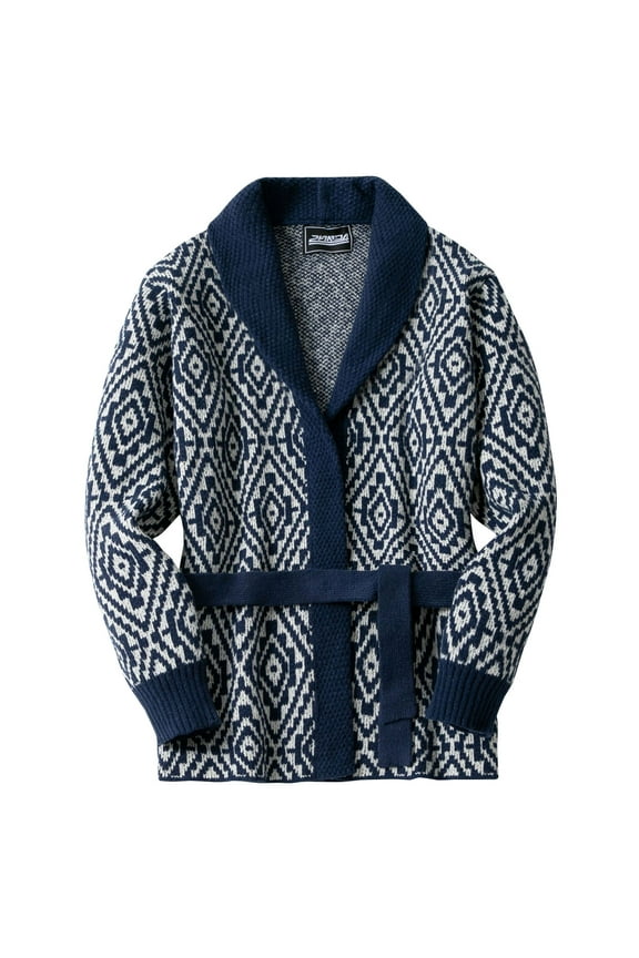 Men's Retro Diamond Pattern Cardigan Sweater Shawl Collar Long Sleeve Belted Knit Sweaters Outerwear