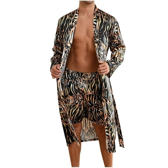 Oplxuo Men's Satin Robe Silky Long Pants Pajamas Sets Luxury Printed Kimono Bathrobe 2 Piece Lightweight Loungewear