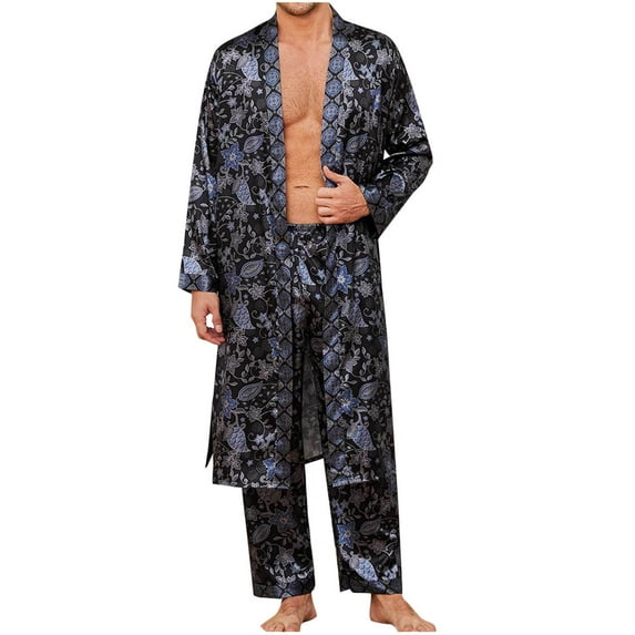 Oplxuo Men's Satin Robe Silky Pajamas Sets Kimono Bathrobe Long Pants 2 Piece Long Sleeve Luxury Printed Lightweight Loungewear