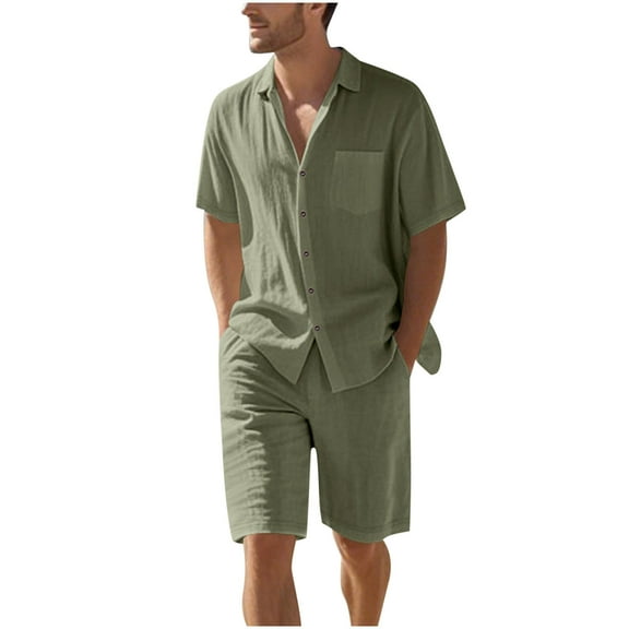 Oplxuo Men's Summer Beach Outfits 2 Piece Short Sleeve Shirts and Shorts Vacation Texture Linen Sets for Men