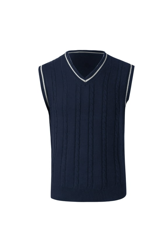 Men's Sweater Vest Preppy Striped V Neck Slim Fit Cable Knitted Sleeveless Pullover Sweaters