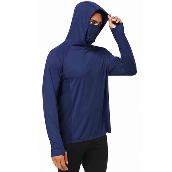 Oplxuo Men's UPF 50  Sun Protection Hooded Shirt with Integrated Face Cover Long Sleeve Lightweight Rash Guard Shirts