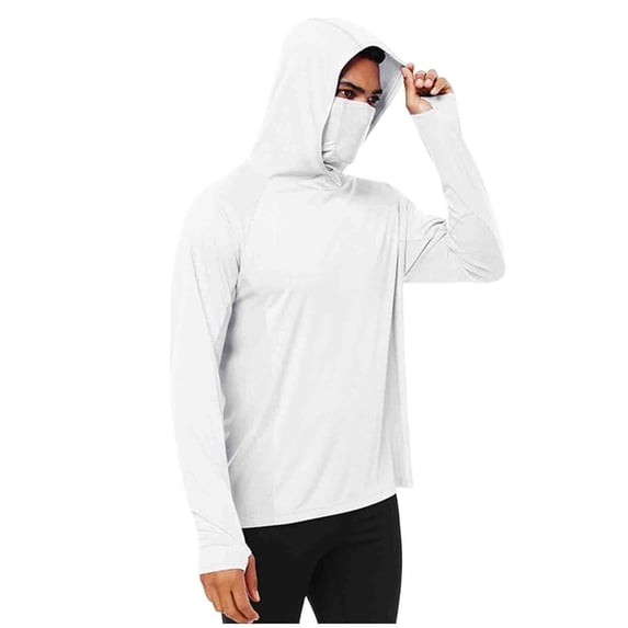 Oplxuo Men's UPF 50+ Sun Protection Hooded Shirt with Integrated Face Cover Long Sleeve Lightweight Rash Guard Shirts