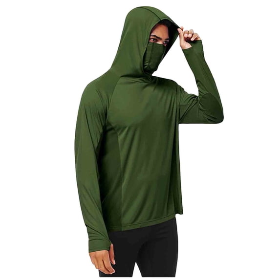 Oplxuo Men's UPF 50+ Sun Protection Hooded Shirt with Integrated Face Cover Long Sleeve Lightweight Rash Guard Shirts