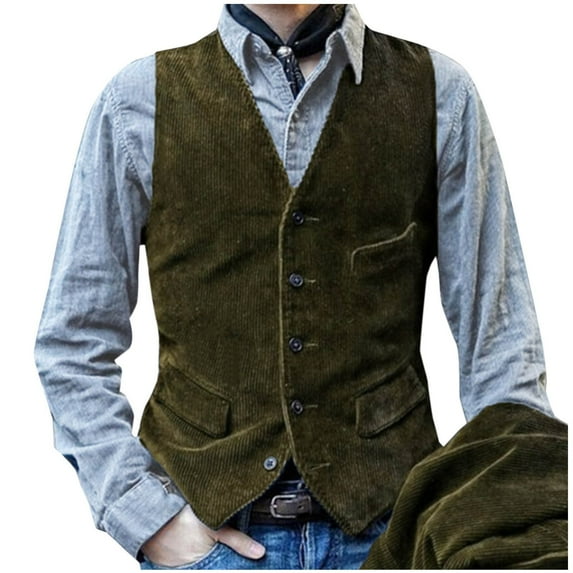 Oplxuo Men's Vintage Corduroy Suit Vest Slim Fit Business Formal Waistcoat Sleeveless Outerwear Vest