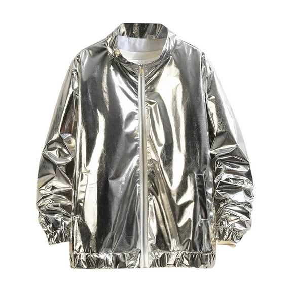 Oplxuo Men's Vintage Metallic Jacket 70s Disco Party Varsity Jacket Loose Full Zip-up Stand Collar Baseball Coat
