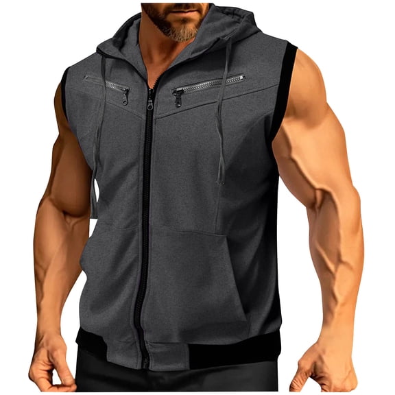 Oplxuo Men's Workout Hooded Tank Tops Zip Up Sleeveless Gym Shirts Muscle Cut Off T Shirt Bodybuilding Hoodies