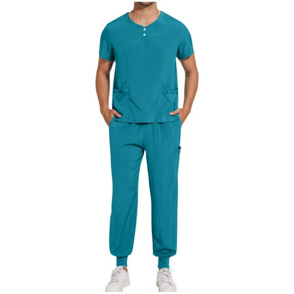 Oplxuo Men's Workwear Scrubs Set — Stretch Short Sleeve Scrub_Tops & Drawstring Jogger Pants with Pockets