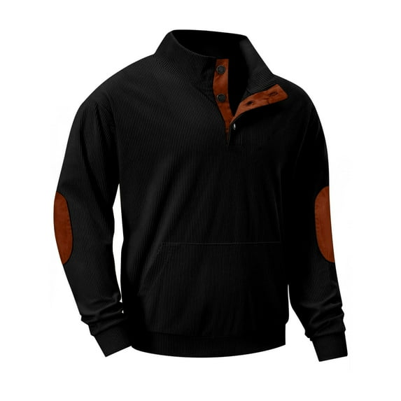 Oplxuo Mens Button Up Corduroy Sweatshirt Long Sleeve Casual Stand Collar Lightweight Pullover Tops with Elbow Patches