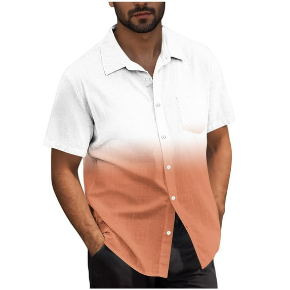 Oplxuo Mens Gradient Linen Shirts Casual Button Down Short Sleeve Beach Summer Shirts