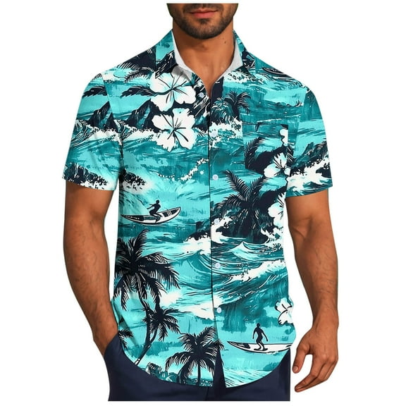 Oplxuo Mens Summer T-Shirts Casual Button Down Lapel Shirts Hawaiian Beach Print Short Sleeve Tee Tops Vacation Comfy Shirt