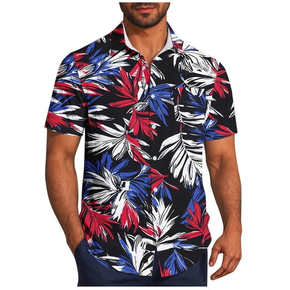 Oplxuo Mens Summer T-Shirts Casual Button Down Lapel Shirts Hawaiian Beach Print Short Sleeve Tee Tops Vacation Comfy Shirt