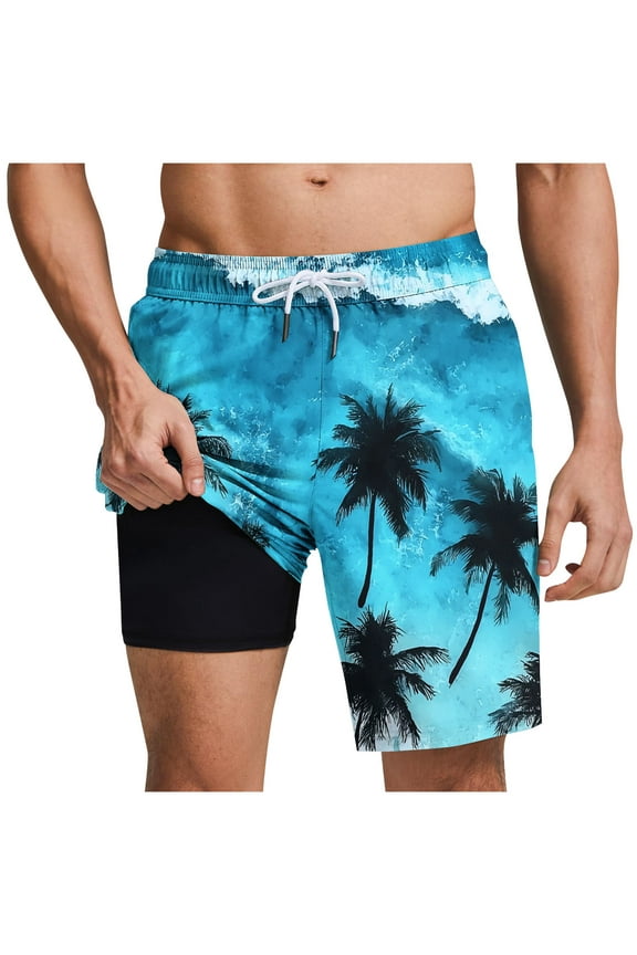 Mens Swim Trunks with Compression Liner 2 in 1 Board Shorts Quick Dry Swimming Trunks with Pockets