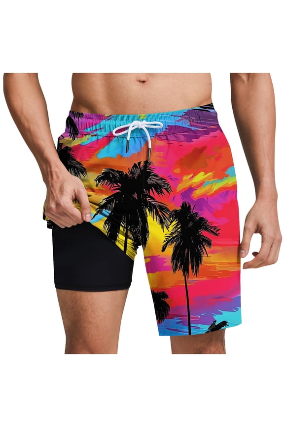 Mens Swim Trunks with Compression Liner 2 in 1 Board Shorts Quick Dry Swimming Trunks with Pockets