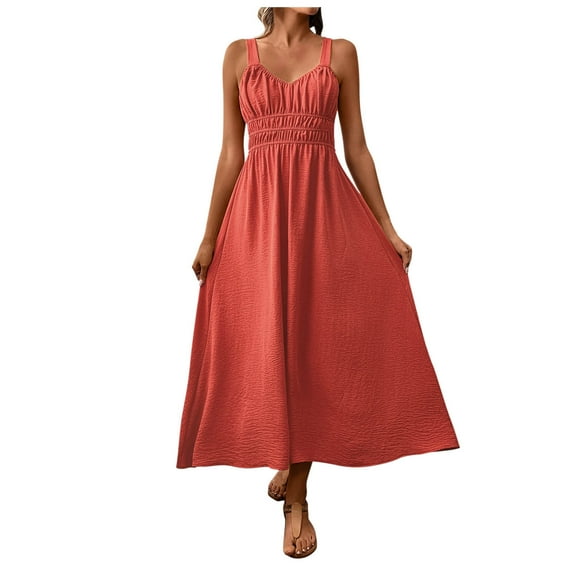 Oplxuo Midi Dress for Women 2025 Summer Smocked Ruffle A Line Long Flowy Dresses Cute Sleeveless Beach Sundress
