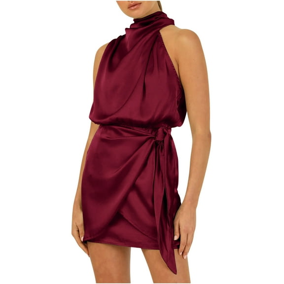 Oplxuo Mock Neck Satin Mini Dress for Women Elegant Wrap Tie Side Sleeveless Wedding Party Cocktail Dresses