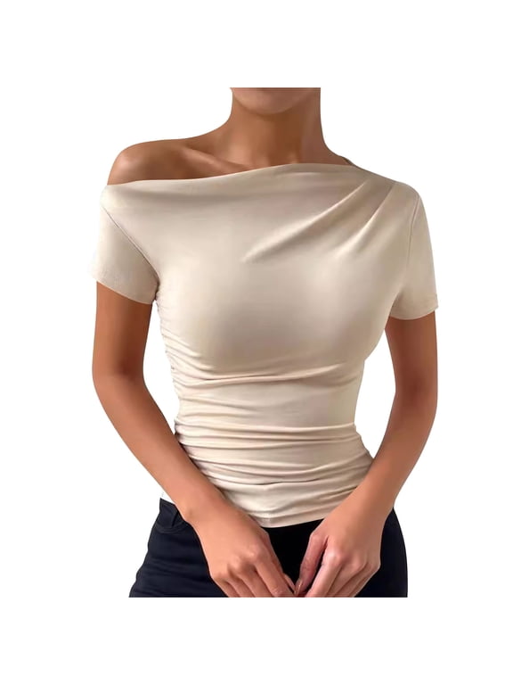 Off Shoulder Tops for Women Dressy Blouse Casual Short/Long Sleeve Ruched Asymmetrical Business Work Shirts