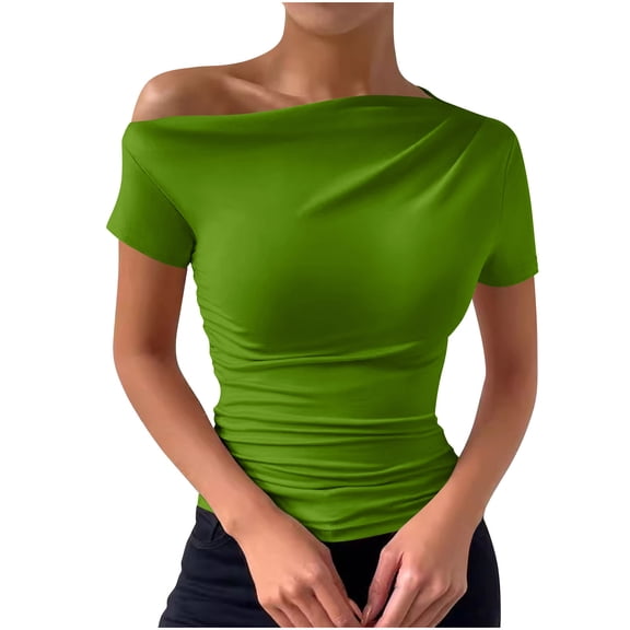 Oplxuo Off Shoulder Tops for Women Dressy Blouse Casual Short/Long Sleeve Ruched Asymmetrical Business Work Shirts