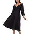 thumbnail image 1 of Oplxuo Off The Shoulder Wedding Guests Dresses for Women Elegant V Neck Long Sleeve Swing Semi Formal Party Cocktail Dress, 1 of 5