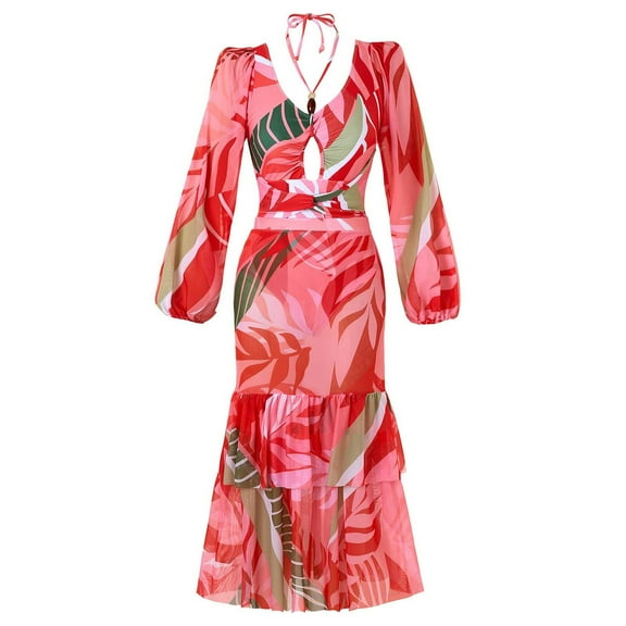 Oplxuo One Piece Bathing Suits for Women Puff Sleeve Halter Floral Swimsuit with Ruffle Coverups Skirt 2 Piece Swimwear