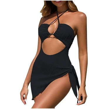 Oplxuo One Piece Swim Dress Swimsuits for Women Sexy Cutout Halter Tummy Control Bathing Suit Modest Skirted Swimwear