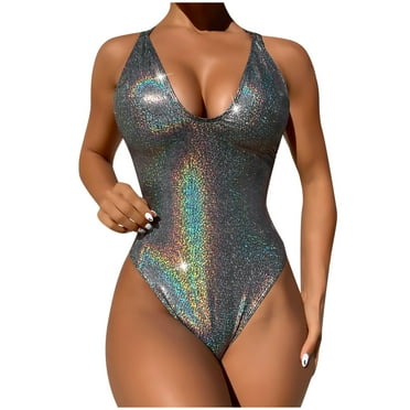 Oplxuo One Piece Swimsuit for Women Gradient Metallic Shiny Padded Modest Swimwear Sexy Deep V Tummy Control Bathing Suit