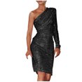thumbnail image 1 of Oplxuo One Shoulder Sequins Dress for Women Elegant Ruched Skew Long Sleeve Cocktail Party Evening Dresses, 1 of 6