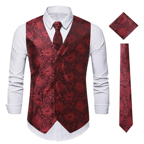 Oplxuo Paisley Vest and Tie Sets for Men Formal Floral Jacquard Suit Vests Ties Pocket Square 3PCS Tuxedo Waistcoat