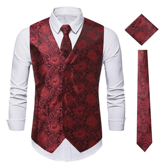 Oplxuo Paisley Vest and Tie Sets for Men Formal Floral Jacquard Suit Vests Ties Pocket Square 3PCS Tuxedo Waistcoat