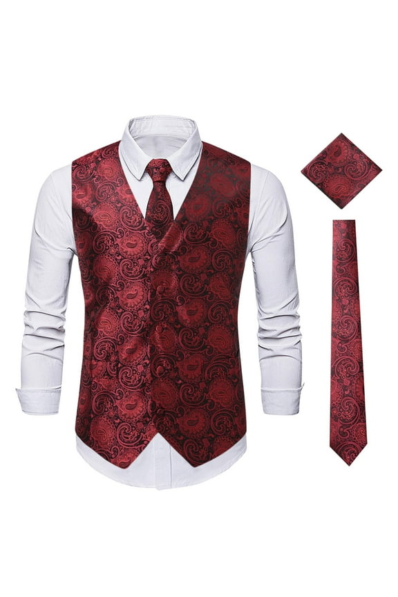 Paisley Vest and Tie Sets for Men Formal Floral Jacquard Suit Vests Ties Pocket Square 3PCS Tuxedo Waistcoat