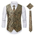 thumbnail image 1 of Oplxuo Paisley Vest and Tie Sets for Men Formal Floral Jacquard Suit Vests Ties Pocket Square 3PCS Tuxedo Waistcoat, 1 of 3