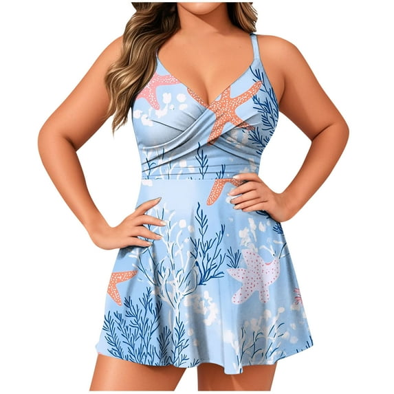 Oplxuo Plus Size Bathing Suit for Women Swim Dress Tummy Control Swimsuits Two Piece Flowy Tankini with Shorts