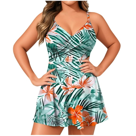Oplxuo Plus Size Bathing Suit for Women Swim Dress Tummy Control Swimsuits Two Piece Flowy Tankini with Shorts