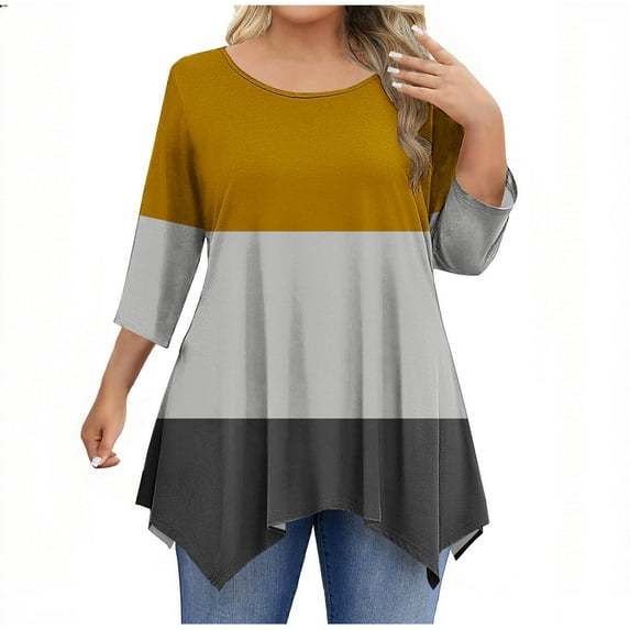 Oplxuo Plus Size Color Block Tops for Women 3/4 Sleeve Crew Neck T Shirts Casual Loose Fit Workout Three Quarter Dressy Blouse
