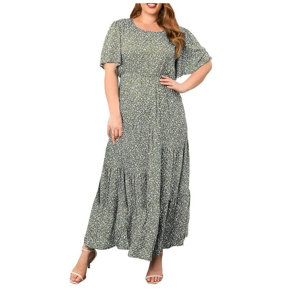 Oplxuo Plus Size Maxi Dresses for Curvy Women Summer Casual Boho Ditsy Floral Print Layered Flared Long Dress