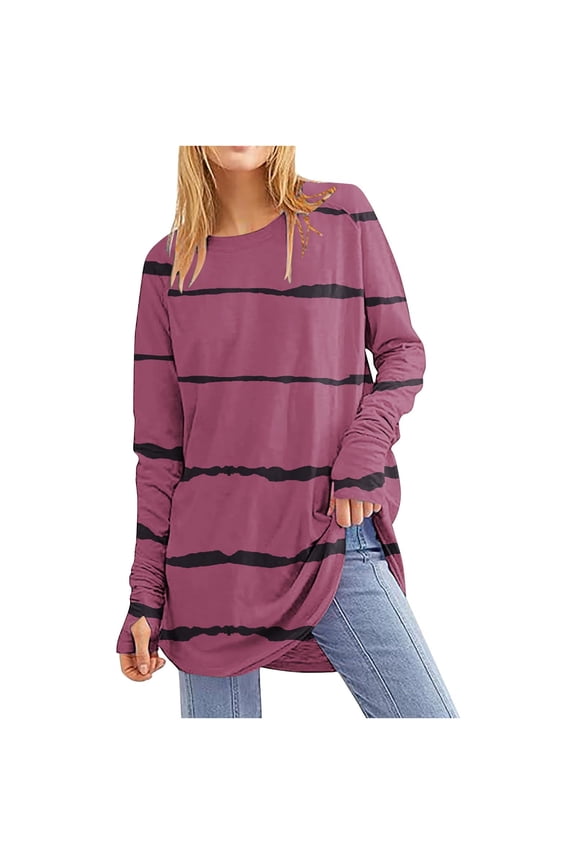 Plus Size Raglan Shirts for Women Striped Loose Long Sleeve Pullover Casual Tunic Tops with Thumb Hole