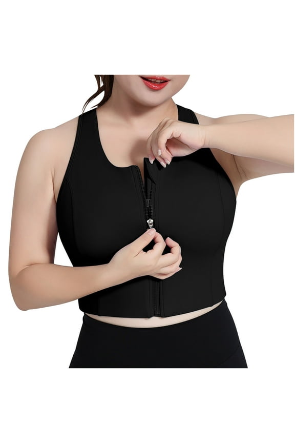 Plus Size Sports Bras for Women Zipper Front High Support Sleeveless Yoga Tank Tops Fitness Workout Running Crop Tops