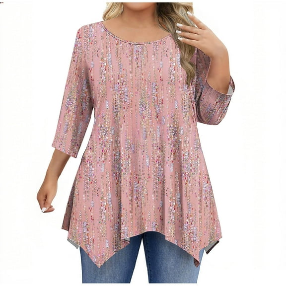 Oplxuo Plus Size Tops for Women 3/4 Sleeve Shirts Tunic Tops to Wear with Leggings Loose Fit Summer Fall Clothes