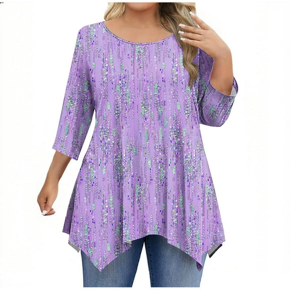 Oplxuo Plus Size Tops for Women 3/4 Sleeve Shirts Tunic Tops to Wear with Leggings Loose Fit Summer Fall Clothes