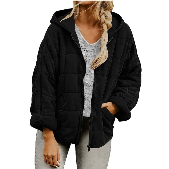 Oplxuo Quilted Jackets for Women Warm Casual Lightweight Hooded Padded Jacket Long Sleeve Oversized Zip Up Winter Coats