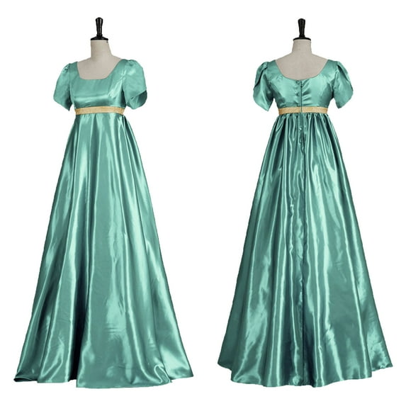 Oplxuo Regency Dresses for Women with Satin Sash Ruffled Puff Sleeve Empire Waist Dress Gown