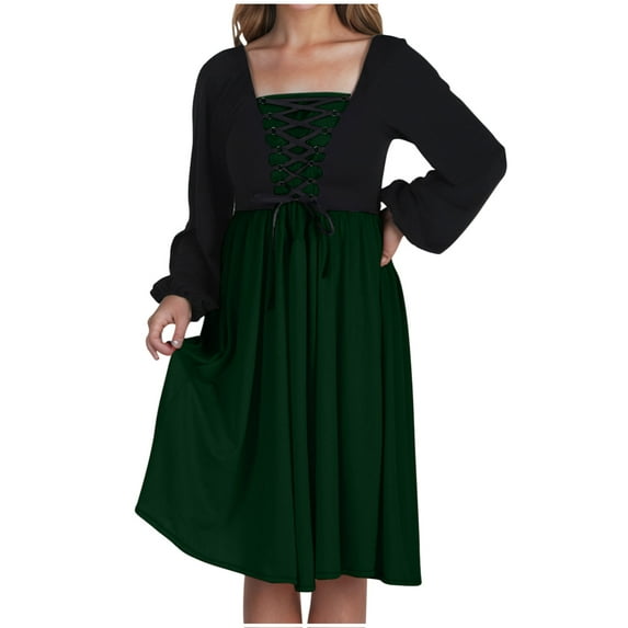 Oplxuo Renaissance Dress for Women Medieval Lantern Long Sleeve Square Neck Vintage Gothic Corset Dresses
