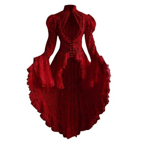 Oplxuo Renaissance Dresses for Women Lace Patchwork Stand-up Collar Dress Flared Sleeve Retro Victorian Ball Gown