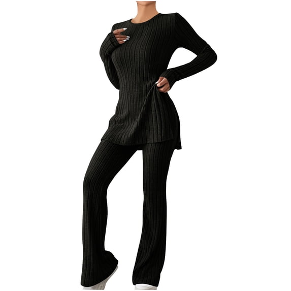 Oplxuo Ribbed Knit 2 Pieces Outfits for Women Pajamas Set Side Slit Long Sleeve Tunic Shirt with Long Pants Lounge Sweatsuits