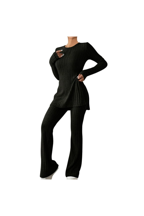 Ribbed Knit 2 Pieces Outfits for Women Pajamas Set Side Slit Long Sleeve Tunic Shirt with Long Pants Lounge Sweatsuits