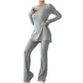thumbnail image 1 of Oplxuo Ribbed Knit 2 Pieces Outfits for Women Pajamas Set Side Slit Long Sleeve Tunic Shirt with Long Pants Lounge Sweatsuits, 1 of 5