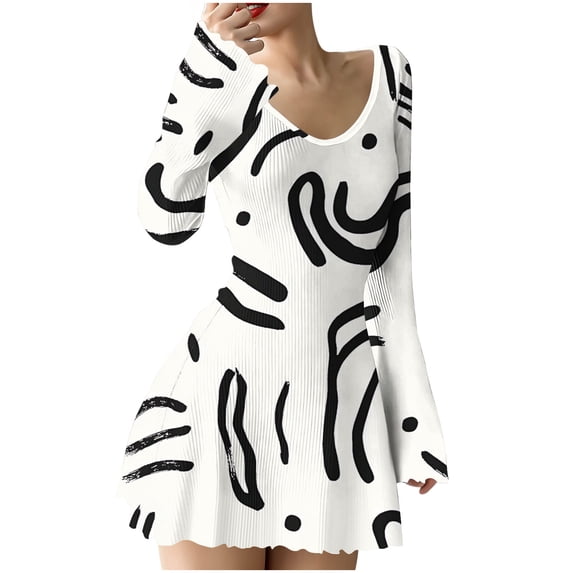 Oplxuo Ribbed Knit Sweater Dresses for Women Fashion Long Sleeve Printed Mini Dress Casual A-Line Short Dresses
