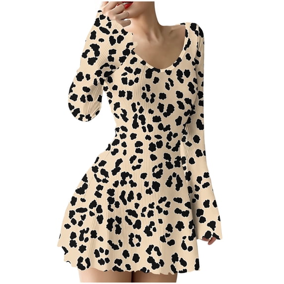 Oplxuo Ribbed Knit Sweater Dresses for Women Fashion Long Sleeve Printed Mini Dress Casual A-Line Short Dresses
